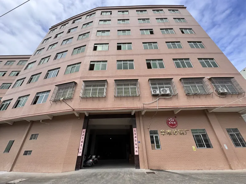 The Huawi Yinggesi factory building in Chaozhou, with the 英格斯 logo and 华唯砂锅厂 sign