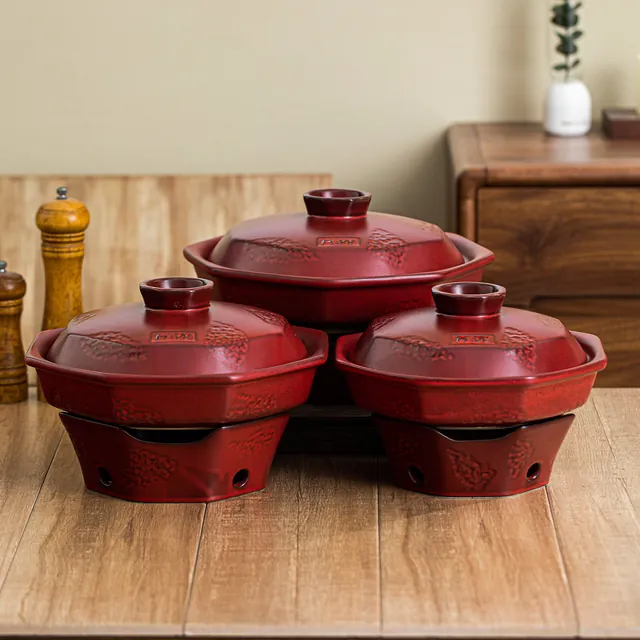 Reactive-Glaze Octagonal Clay Pot, Crimson Red glaze