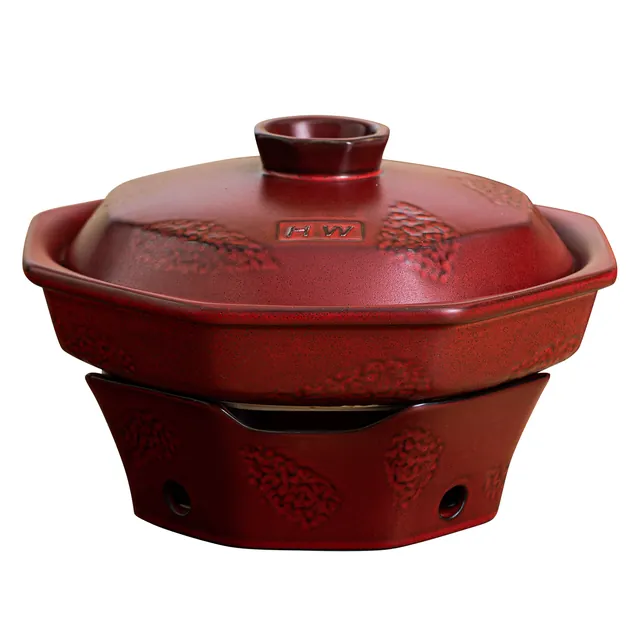 Reactive-Glaze Octagonal Clay Pot, Crimson Red glaze